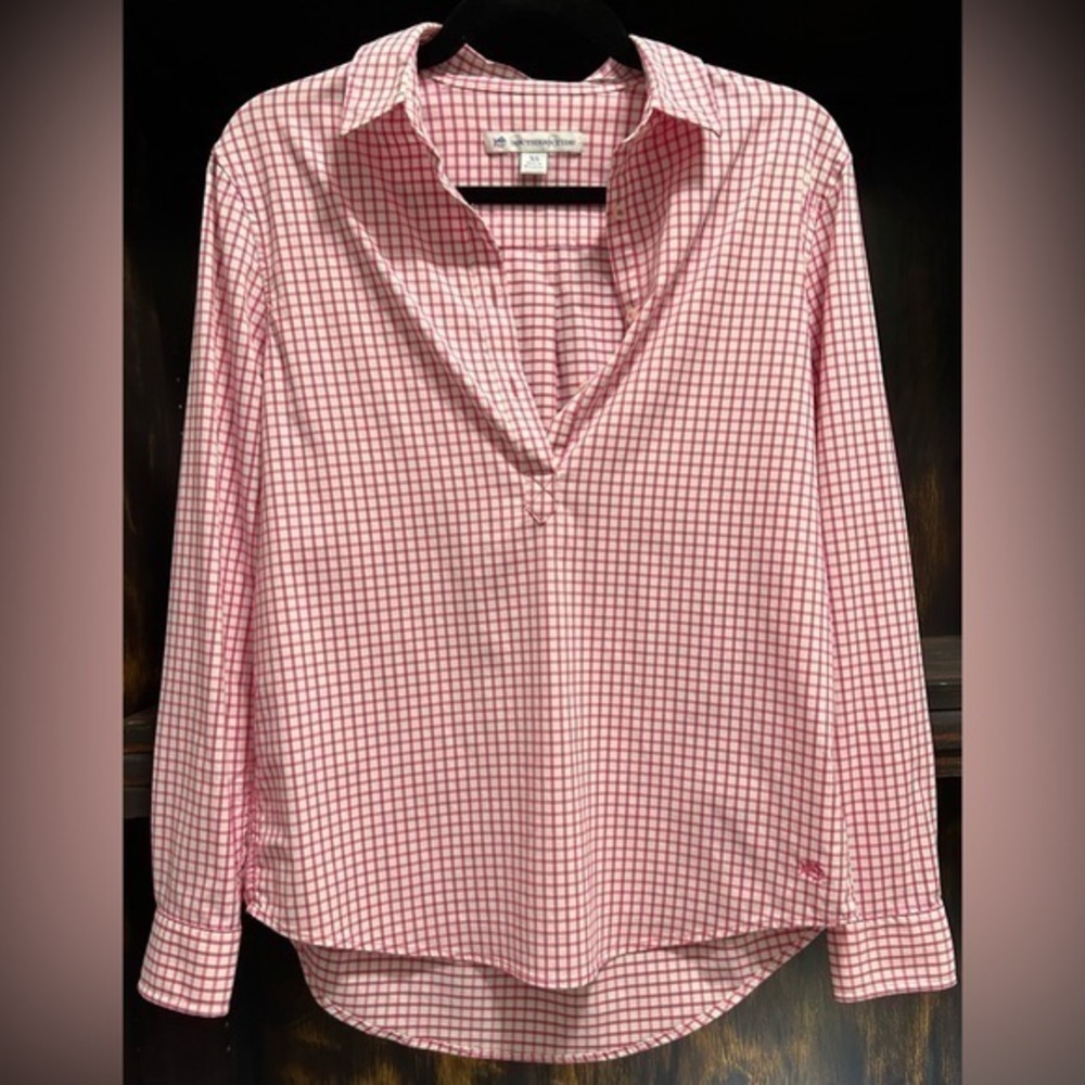 Southern Tide Pink Gingham Half-Button Collared Shirt | Oversized | Size XS